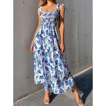 Floerns Women's Floral Print Tie Strap Square Neck Ruffle Boho Maxi Dress Blue White M