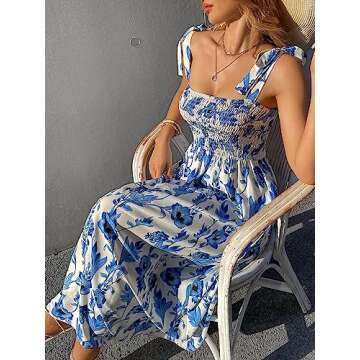 Floerns Women's Floral Print Tie Strap Square Neck Ruffle Boho Maxi Dress Blue White M