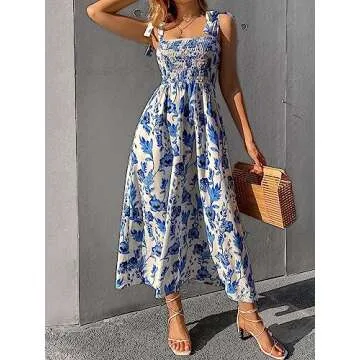 Floerns Women's Floral Print Tie Strap Square Neck Ruffle Boho Maxi Dress Blue White M