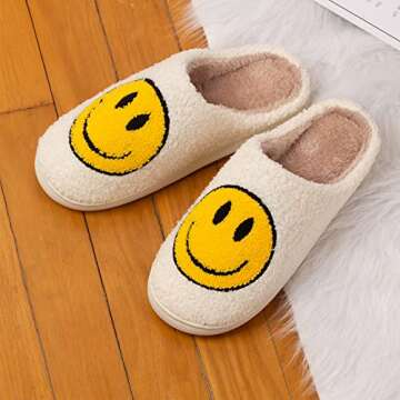 DepiYorSn Happy Face Slippers Retro Cozy Comfy Plush Warm Slip-on Slippers Winter Soft Fuzzy Indoor House Shoes with Memory Foam for Men Women…