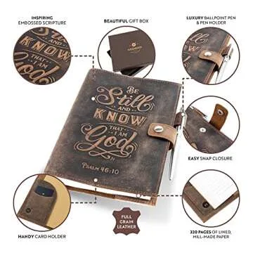 moonster Refillable Leather Journal Psalm 46:10 Bible Verse Embossed Journals with Pen – Milled A5 Leather Journal Lined Paper - Journals for Women – Leather Notebook with Pen Holder - 320 Pages