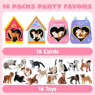 JOYIN 16 Pack Valentines Day Greeting Card with Dog and Cat Figure Toys for Valentine Kids Party Favor, School Classroom Gift Exchange Prizes for Boys Girls