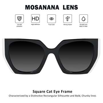 mosanana Square Cat Eye Sunglasses for Women Trendy Black White Cateye Rectangle Cool 90s Cute Funky Fashion 2022 Ladies 70s Retro Vintage Youth Chunky Baddie Stylish Sharp Pointed Shade 80s COCO