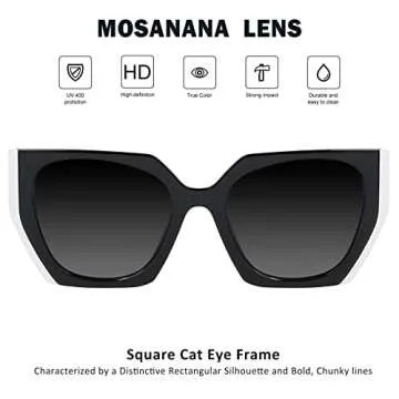 mosanana Square Cat Eye Sunglasses for Women Trendy Black White Cateye Rectangle Cool 90s Cute Funky Fashion 2022 Ladies 70s Retro Vintage Youth Chunky Baddie Stylish Sharp Pointed Shade 80s COCO