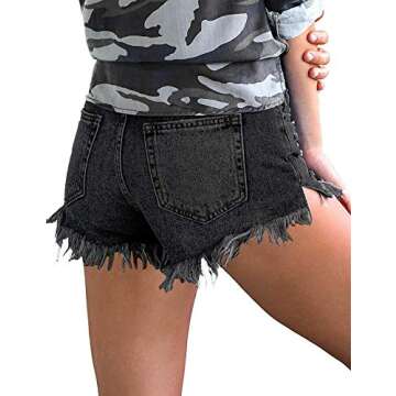 GUNLIRE Women's Black Jeans Shorts Juniors Summer Mid Rise Ripped Distressed Tassels Fashion Denim S...
