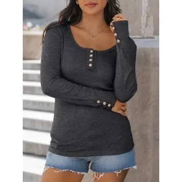 Kissfix Womens Long Sleeve Shirts for Going Out - Trendy Henley Tops in Black & Grey