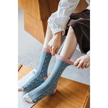 MarJunSep Cute Floral Crew Socks for Women Teen Girls Flower Cottagecore Frilly Vintage Fancy Cotton Socks Tulip Aesthetic Socks