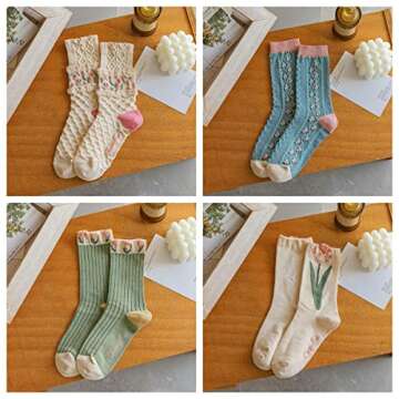MarJunSep Cute Floral Crew Socks for Women Teen Girls Flower Cottagecore Frilly Vintage Fancy Cotton Socks Tulip Aesthetic Socks