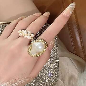 Pearl Ring for Women Promise Stacking Pearl Rings Adjustable Open Pearl Finger Ring Trendy Personality Christmas Pearl Jewerly Prom Dress Jewerly