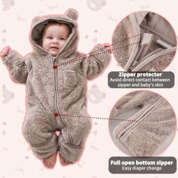 AiWMGL Newborn Baby Bear Onesie Outfit Suit Fold-Over Mittens Footies Girls Boys 6-9 Months Winter Fleece Clothes Hooded Jumpsuit Romper