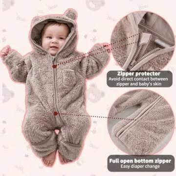 AiWMGL Newborn Baby Bear Onesie Outfit Suit Fold-Over Mittens Footies Girls Boys 6-9 Months Winter Fleece Clothes Hooded Jumpsuit Romper
