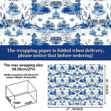 Bolsome 12 Sheets 27 * 20 Inches Chinoiserie Design Wrapping Paper Blue White Peony Porcelain Printe...