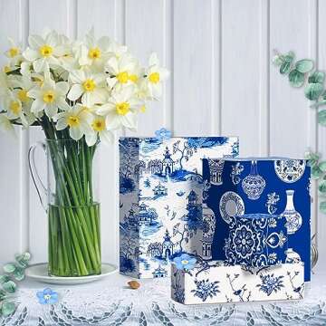 Bolsome 12 Sheets 27 * 20 Inches Chinoiserie Design Wrapping Paper Blue White Peony Porcelain Printed Gift Wrap Paper Oriental Asthetics Decorative Paper for Birthday Wedding Bridal Shower DIY Craft