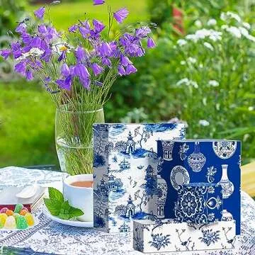 Bolsome 12 Sheets 27 * 20 Inches Chinoiserie Design Wrapping Paper Blue White Peony Porcelain Printed Gift Wrap Paper Oriental Asthetics Decorative Paper for Birthday Wedding Bridal Shower DIY Craft