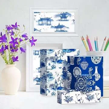 Bolsome 12 Sheets 27 * 20 Inches Chinoiserie Design Wrapping Paper Blue White Peony Porcelain Printed Gift Wrap Paper Oriental Asthetics Decorative Paper for Birthday Wedding Bridal Shower DIY Craft