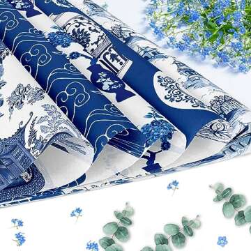 Bolsome 12 Sheets 27 * 20 Inches Chinoiserie Design Wrapping Paper Blue White Peony Porcelain Printed Gift Wrap Paper Oriental Asthetics Decorative Paper for Birthday Wedding Bridal Shower DIY Craft