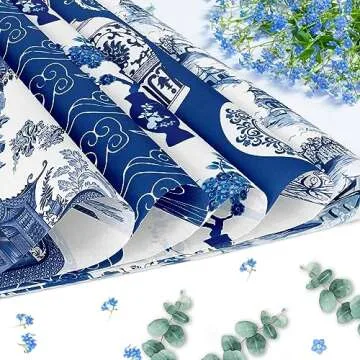 Bolsome 12 Sheets 27 * 20 Inches Chinoiserie Design Wrapping Paper Blue White Peony Porcelain Printed Gift Wrap Paper Oriental Asthetics Decorative Paper for Birthday Wedding Bridal Shower DIY Craft