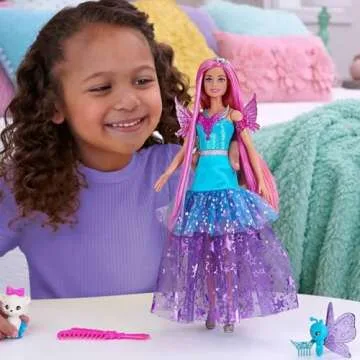Barbie A Touch of Magic Fashion Doll, Malibu with Wing-Detailed Dress, 7-inch Long Colorful Hair, 2 Fantasy Pets & Accessories