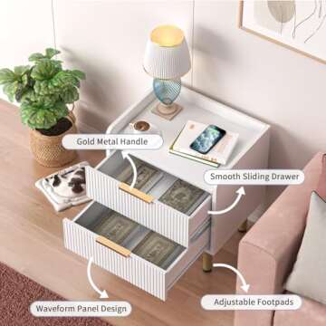 Furnicare White TV Stand for 45+ Inch TV, 20" Small TV Table with 2 Drawers, Mid Century Modern TV Stand with Storage, Waveform Panel Small Wood TV Console for Living Room