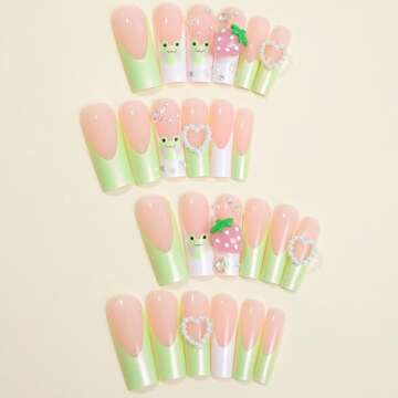 Green Press on Nails Long Square RIICFDD French Tip Fake Nails Heart Charms Full Cover Stick on Nails with Cute Frog ＆ Big Strawberry Designs Acrylic Cute False Nails for Women Girls 24Pcs