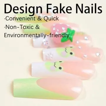 Green Press on Nails Long Square RIICFDD French Tip Fake Nails Heart Charms Full Cover Stick on Nails with Cute Frog ＆ Big Strawberry Designs Acrylic Cute False Nails for Women Girls 24Pcs