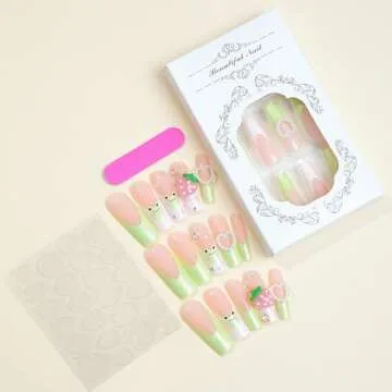Green Press on Nails Long Square RIICFDD French Tip Fake Nails Heart Charms Full Cover Stick on Nails with Cute Frog ＆ Big Strawberry Designs Acrylic Cute False Nails for Women Girls 24Pcs