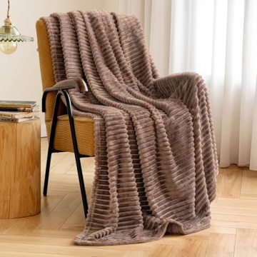 MIULEE Fleece Throw Blanket for Couch 300GSM Super Soft Lightweight Plush Striped Blanket, Brown War...