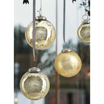 Serene Spaces Living Set of 9 Assorted Gold Glass Ball Ornaments for Christmas Tree, Holiday Decorations, Winter Wedding, Table Centerpiece, Window Box, Measures 3" Diameter