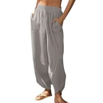 Womens Baggy Wide Leg Pants Casual Cotton Linen Elastic Waisted Loose Palazzo Harem Pants with Pockets Women's Linen Joggers Pants for Women Tall Pantalon Lino Mujer Grey Medium