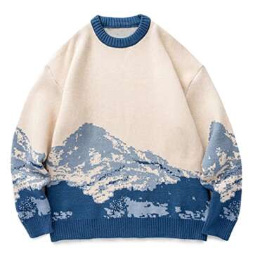 Youllyuu Snow Mountain Knitted Sweater Gradient Embroidered Pullovers Hip Hop Streetwear Blue M