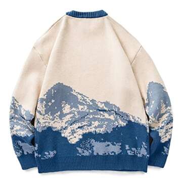 Youllyuu Snow Mountain Knitted Sweater Gradient Embroidered Pullovers Hip Hop Streetwear Blue M