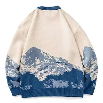 Youllyuu Snow Mountain Knitted Sweater Gradient Embroidered Pullovers Hip Hop Streetwear Blue M