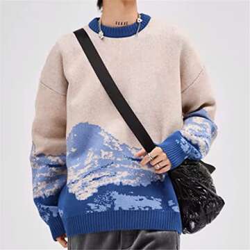 Youllyuu Snow Mountain Knitted Sweater Gradient Embroidered Pullovers Hip Hop Streetwear Blue M