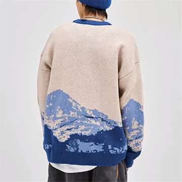 Youllyuu Snow Mountain Knitted Sweater Gradient Embroidered Pullovers Hip Hop Streetwear Blue M