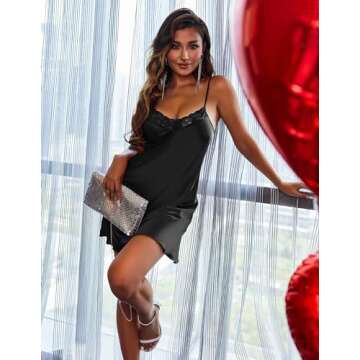 Ekouaer Women's Satin Lace Slip Chemise Nightgown, Black