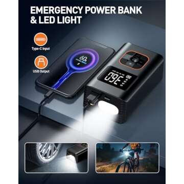 MEUCI Tire Inflator Portable Air Compressor - 10000mAh Cordless Air Pump for Car Tires, 150 PSI Electric Bike Tire Pump with LED Light and Digital Pressure Gauge for Motorcycle, Auto, Ball, Bicycle