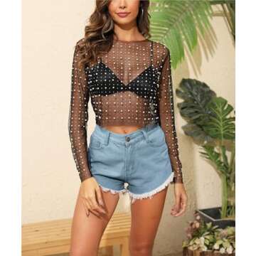 LOFAAC Women Sexy See Through Pearl Rhinestone Beaded Crop Top Y2K Long Sleeve Sheer Mesh Crop Blous...