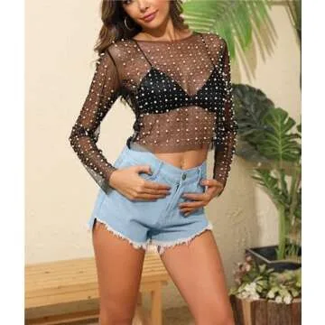 Stylish LOFAAC Sheer Pearl Rhinestone Crop Top for Women