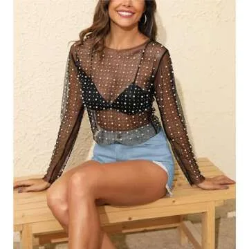 Stylish LOFAAC Sheer Pearl Rhinestone Crop Top for Women