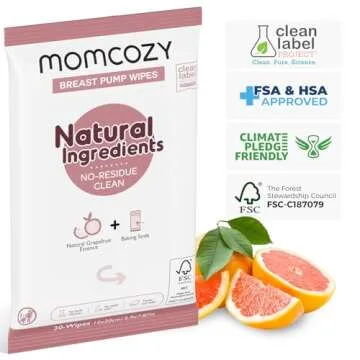 Momcozy Natural Breast Pump Wipes for Pump Parts Cleaning On-the-go, 30 Count, Flash Clean & Resealable Pump Wipes
