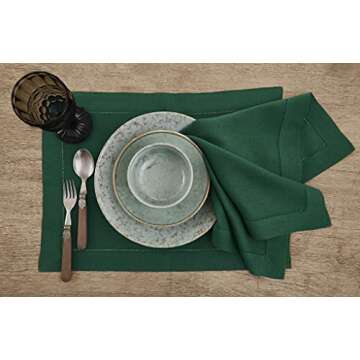Solino Home 100% Pure Linen Rainforest Green Placemats - Classic Hemstitch Set of 4