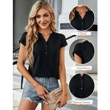 Blooming Jelly Women's Dressy Casual Tops Business Work Blouses Button Down Black Shirts Short Sleeve 2025 Summer V Neck Tshirt (Black,Small)