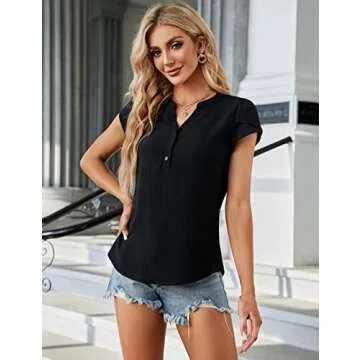 Blooming Jelly Women's Dressy Casual Tops Business Work Blouses Button Down Black Shirts Short Sleeve 2025 Summer V Neck Tshirt (Black,Small)