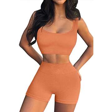 QINSEN Seamless Booty Shorts for Women Square Neck Stretchy Sport Bra Yoga Leggings Light Orange M