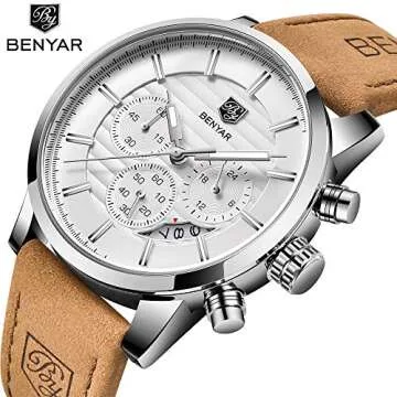 BENYAR Quartz Chronograph Waterproof Watches Business and Sport Design Leather Band Strap Wrist Watc...