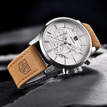 BENYAR Quartz Chronograph Waterproof Watches Business and Sport Design Leather Band Strap Wrist Watch for Men (Brown Silver White)