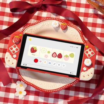 GeekShare Protective Case for Switch OLED Slim Cover Case Compatible with Switch OLED Separable Soft Silicone Protective Shell for Joy Con with 2 Thumb Grip Caps - Strawberries with Cream