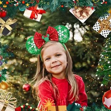 ETLUK Christmas Mouse Ears Bow Headband, 2 PCS Sparkle Christmas Mouse Ears for Women Kids, Christmas Headbands for Parties Decorations (Peppermint & Reindeer)