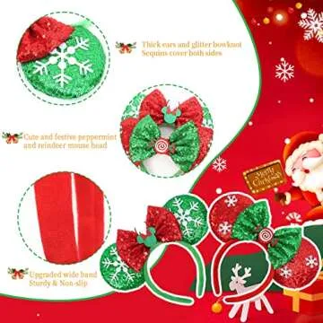 ETLUK Christmas Mouse Ears Bow Headband, 2 PCS Sparkle Christmas Mouse Ears for Women Kids, Christmas Headbands for Parties Decorations (Peppermint & Reindeer)