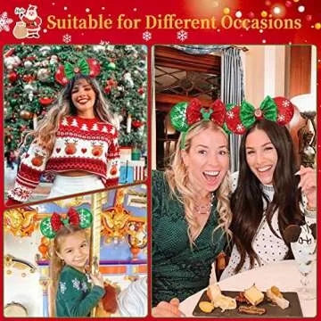 ETLUK Christmas Mouse Ears Bow Headband, 2 PCS Sparkle Christmas Mouse Ears for Women Kids, Christmas Headbands for Parties Decorations (Peppermint & Reindeer)